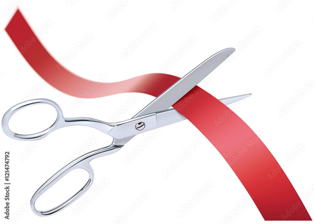 Scissors cutting red ribbon, isolated. 3D vector illustration Scissors cutting red ribbon, isolated. 3D vector illustration