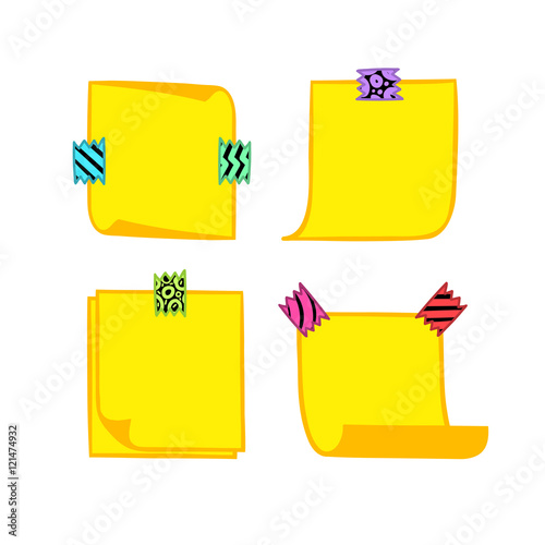 Four yellow note papers with washi tape in cartoon style, memo with curled corners, colorful decorative paper tape, isolated note paper on white background, EPS 8