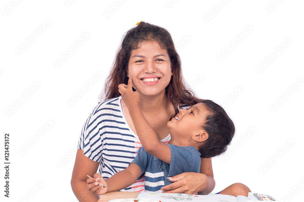 Son tease his mother while doing homework Son tease his mother while doing homework