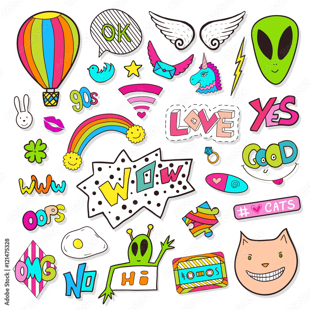 Fashion patches elements with alien, speech bubbles, cassette. Bright vector clip art. Cartoon stickers in 80s 90s comic trendy style