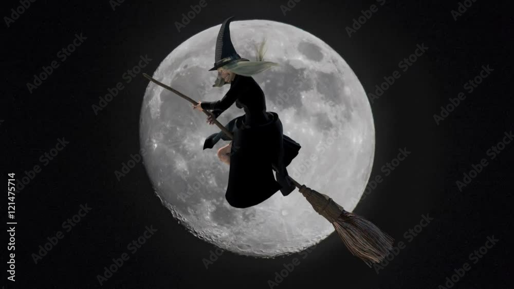 funny fearful witch flying on a broom on moon background render 3D ...