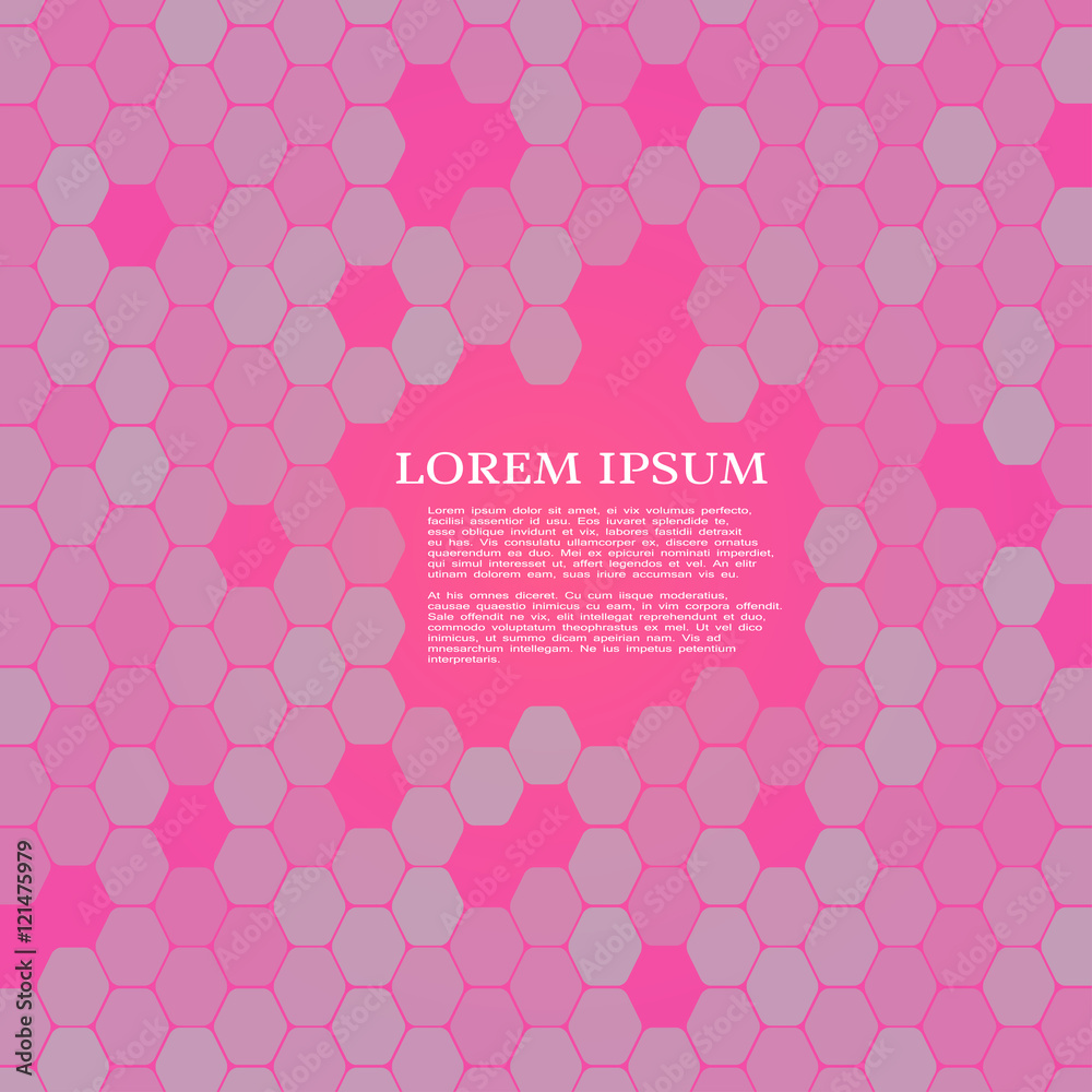 Abstract vector pink background with hexagon shapes different opacity with text.