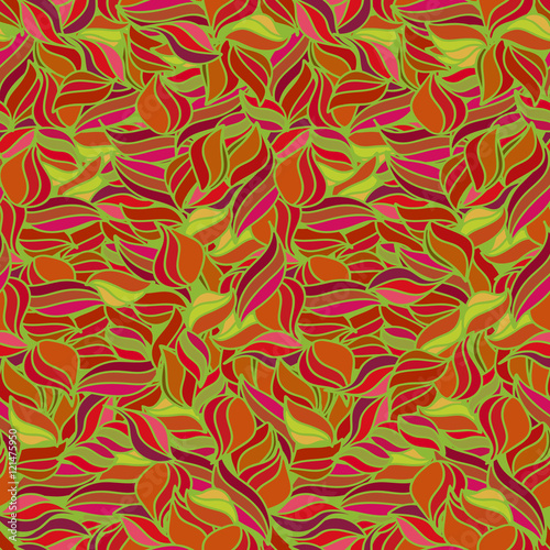 Bright seamless wavy pattern. Summer background. Red and yellow colors. Abstract wallpaper with leaves. Colorful waves texture. Vector illustration. 