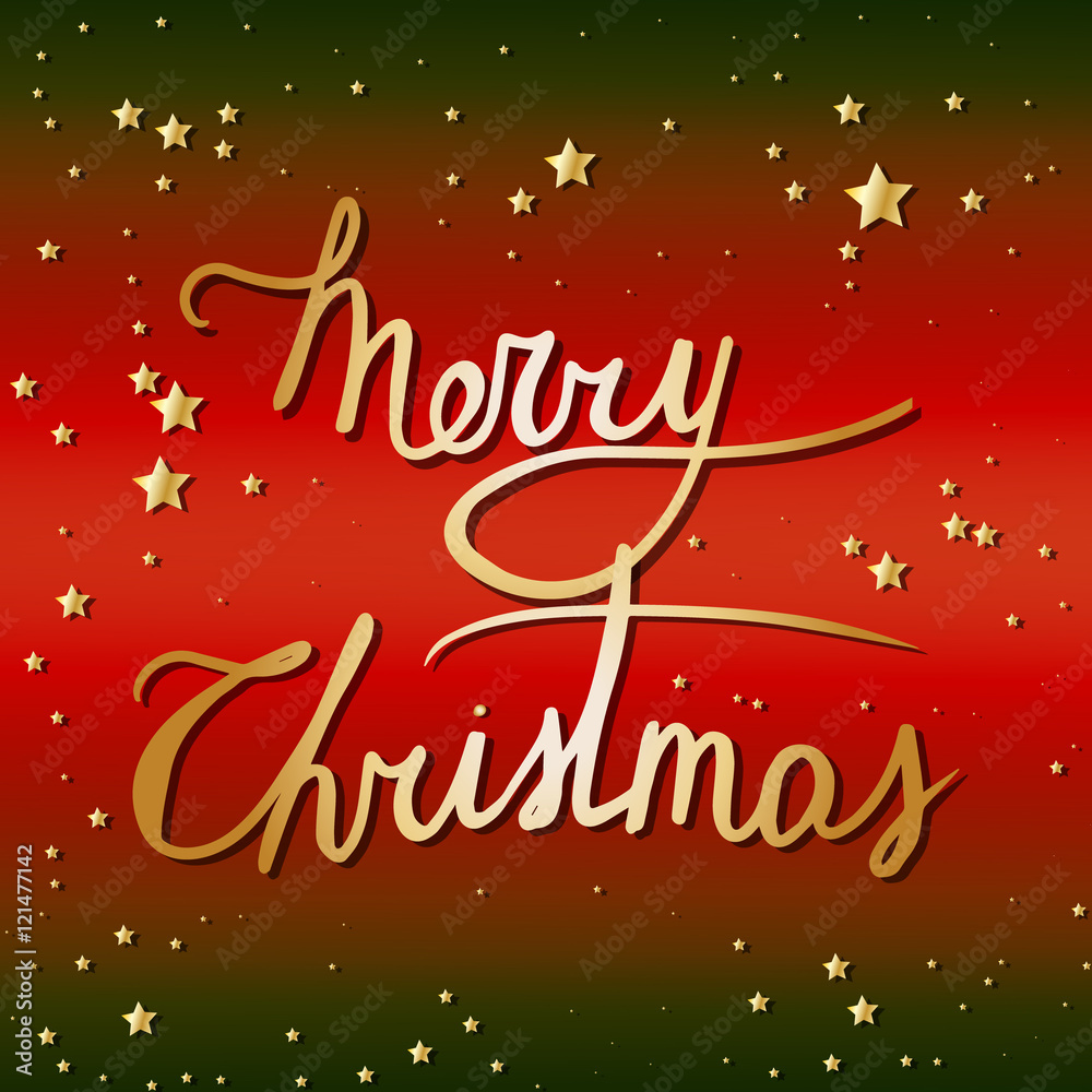 Merry Christmas hand lettering. Golden letters and golden stars on red and green gradient background