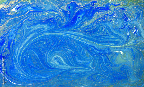 Blue, green and golden liquid texture, watercolor hand drawn marbling background