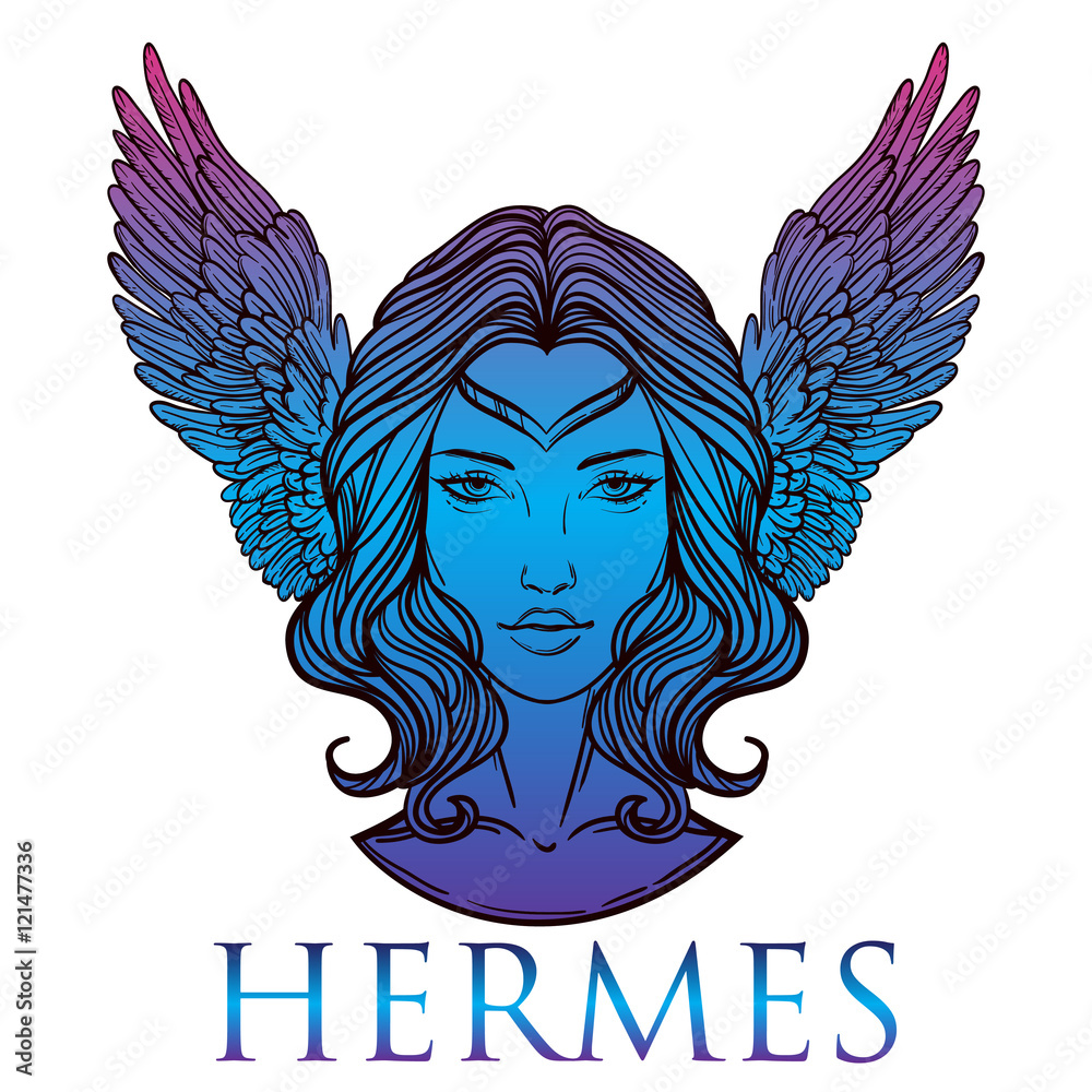 Vector illustration of the Greek god Hermes in the form of a woman. The  girl goddess, Mercury with wings. Hand-drawn vintage linear tattoo design.  Isolated vector art. Stock Vector | Adobe Stock