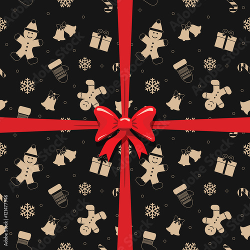 Christmas present template. Seamless pattern with golden silhouettes and red ribbon are grouped separately. Can be used as wrapping paper, greeting card or web site backdrop.