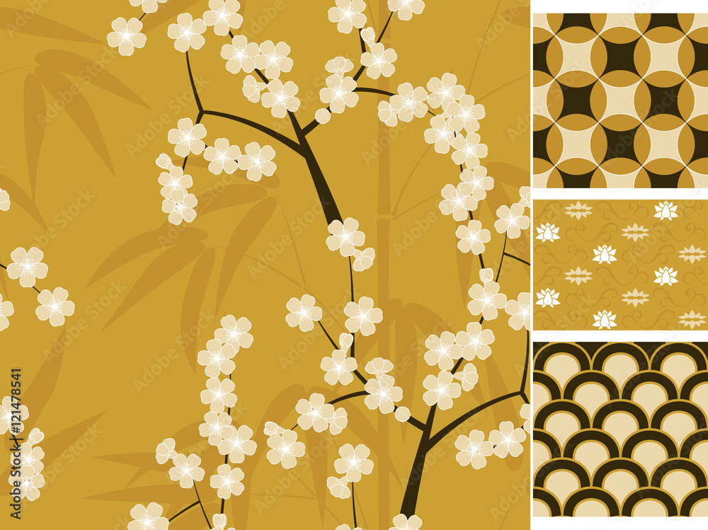 Fototapeta premium Japanese vector seamless patterns set with bamboo, sakura and traditional ornaments illustration