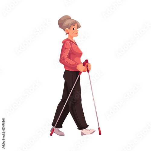 Mature female nordic walker, cartoon style vector illustration isolated on white background. Elder woman doing nordic walking, full height portrait, side view. Female Nordic walker in sports suit
