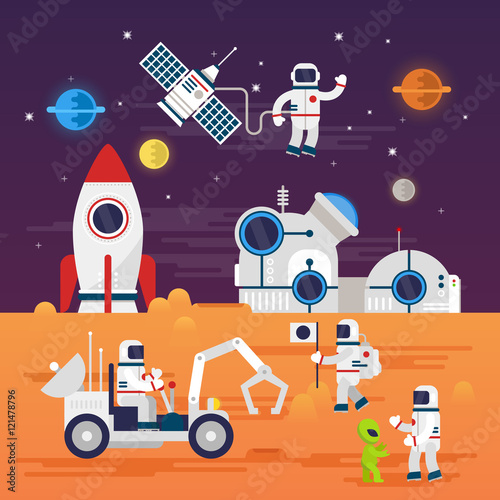 Astronauts characters set in flat cartoon style. Human spaceman and a cute extraterrestrial. Set of universe infographic vector illustration with rocket, satellite, space station, planets, stars, Mars