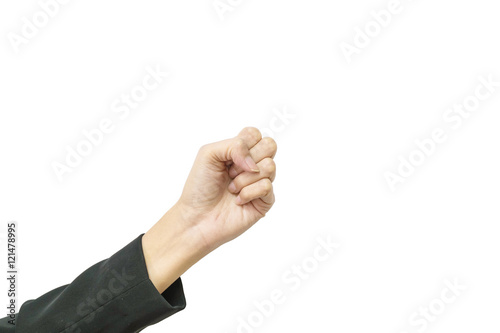 Closeup action of working woman clench one's fists isolated on white background with clipping path