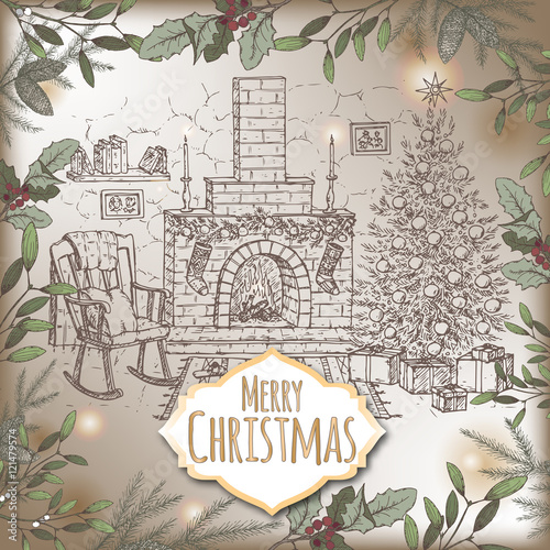Christmas card with fireplace and color pine, mistletoe frame.