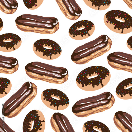 Seamless pattern with eclair and doughnut.Sweet vector print.Colorful background