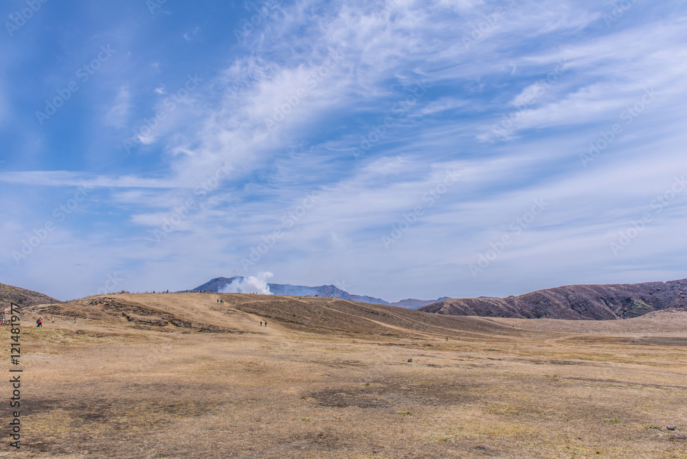 Crater of Mount Naka or Aso Mountain is the largest active volca Crater of Mount Naka or Aso Mountain is the largest active volca