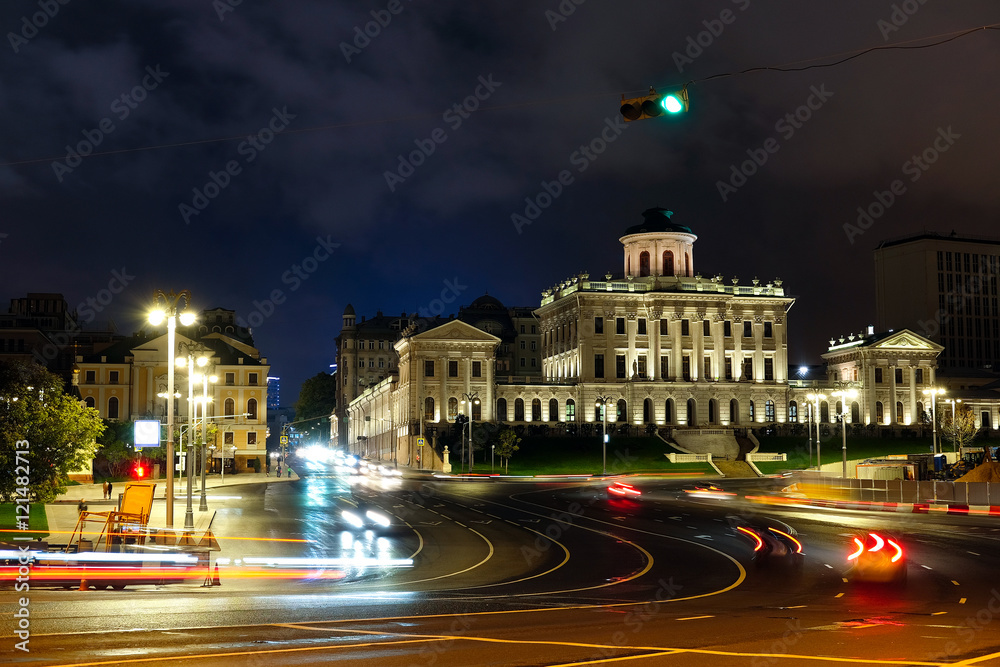 Moscow, Russia - September, 17, 2016: night landscape with the image of Ohotniy riad - the street in a center of Moscow, Russia and Pashkov house. There is Lenin library in this house now