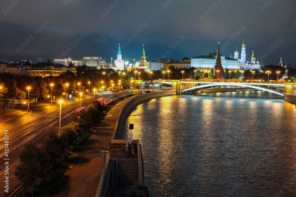 Moscow, Russia - September, 17, 2016: night landscape with the image of the Moskow (Moskva) River embankment and the Kremlin