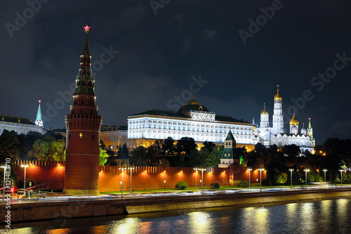 Moscow, Russia - September, 17, 2016: night landscape with the image of the Moskow (Moskva) River embankment and the Kremlin