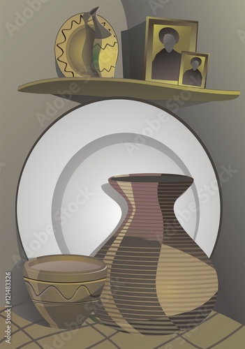 country still life of ceramic dishes