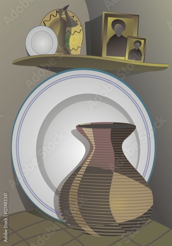 country still life of ceramic dishes