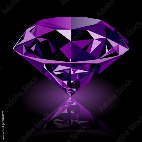 Realistic shining purple amethyst jewel with reflection and purple glow isolated on black background. Colorful gemstone that can be used as part of logo, icon, web decor or other design.