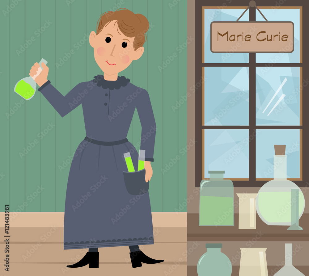 Marie Curie illustration - Cute cartoon of Marie Curie in her lab holding a test tube with radium. Eps10 Marie Curie illustration - Cute cartoon of Marie Curie in her lab holding a test tube with radium. Eps10