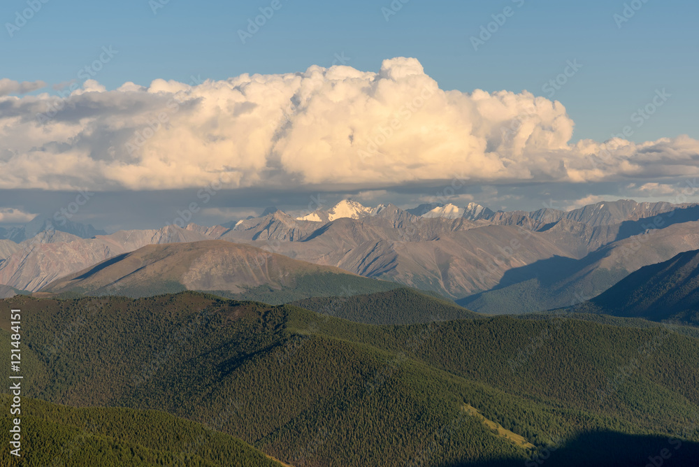 mountain clouds sky forest peaks