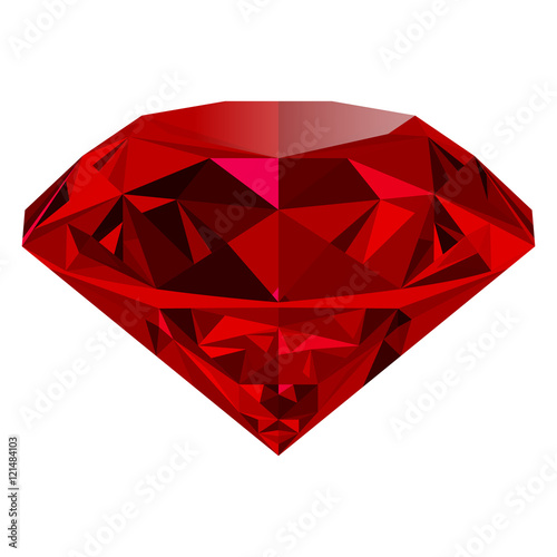 Realistic red ruby isolated on white background. Shining red jewel, colorful gemstone. Can be used as part of logo, icon, web decor or other design.