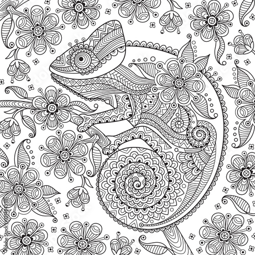 Black and white vector illustration with a chameleon in ethnic patterns on the flowering branch. It can be used as  coloring antistress for adults  children
