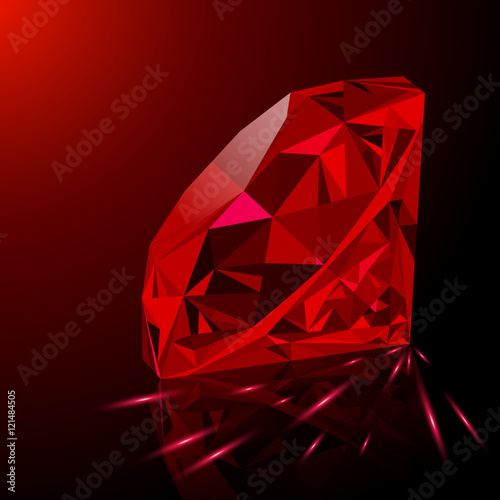 Realistic shining red ruby jewel with reflection, red glow and light sparks on gradient background. Can be used as part of logo, icon, background, web decor or other design.