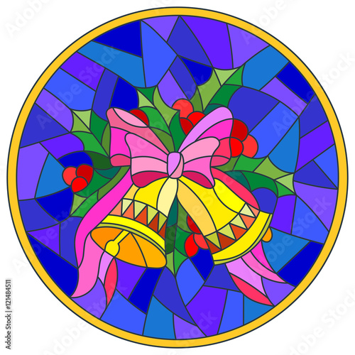 Illustration in stained glass style with Christmas bells, Holly branches and bow on blue background, round picture frame