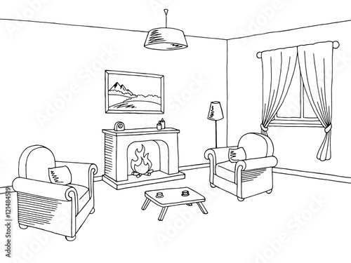 Fireplace living room interior graphic art black white sketch illustration vector