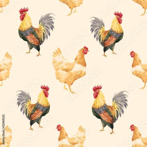 Fotografia Watercolor cock rooster pattern