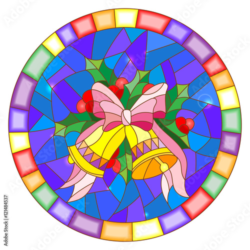 Illustration in stained glass style with Christmas bells, Holly branches and bow on blue background, round picture frame