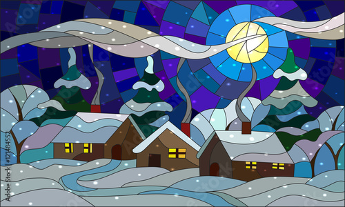 Illustration in stained glass style with the winter village scenery, three single houses on the background of snowy trees, snow and night sky