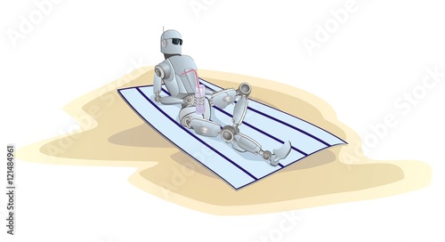 glamorous robot get a tan on a beach with glass of cocktail 