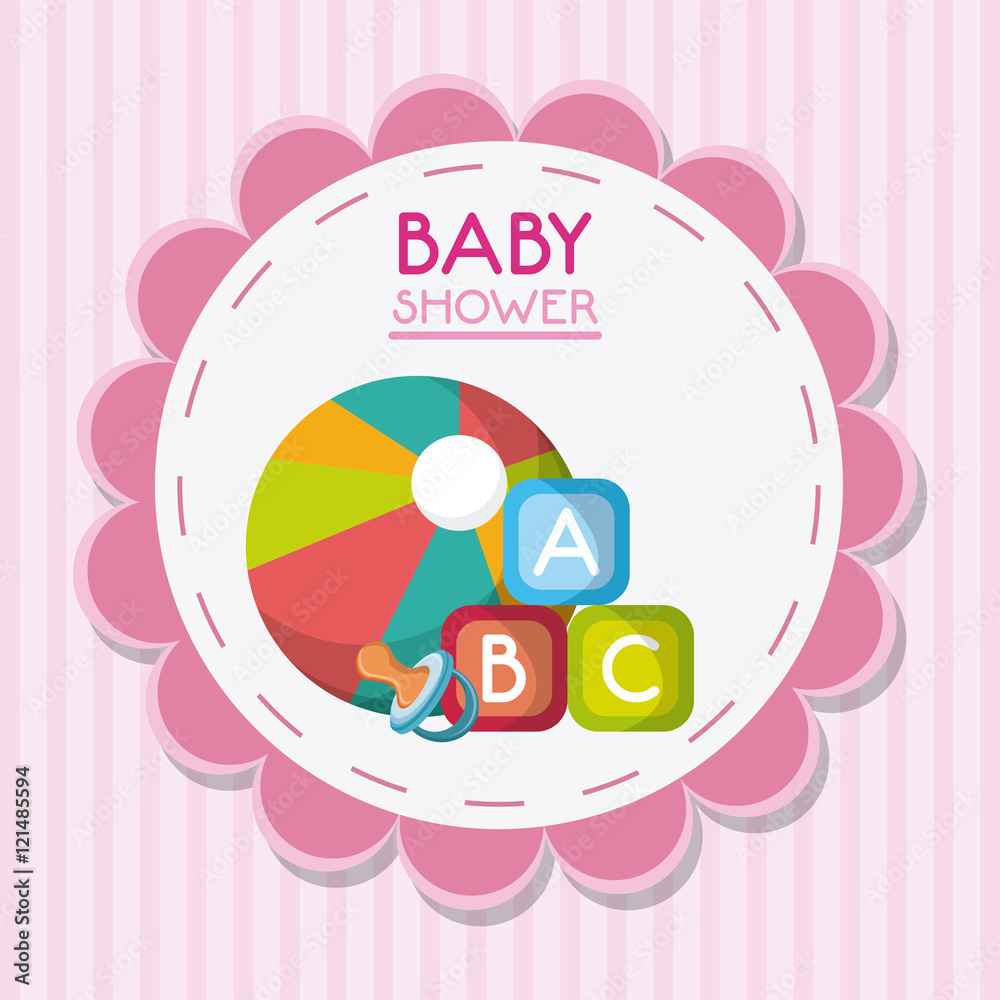 Fototapeta premium Baby pacifier ball and toy inside flower seal stamp. Baby shower and childhood theme. Colorful design. Vector illustration