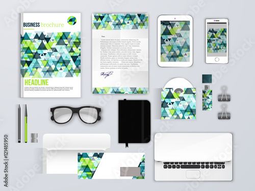 Corporate identity template. Branding MockUps with phone, envelope, brochure and glasses.