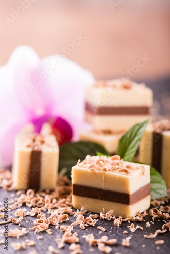 Several two-colored nougat cubes on slate stone with orchid