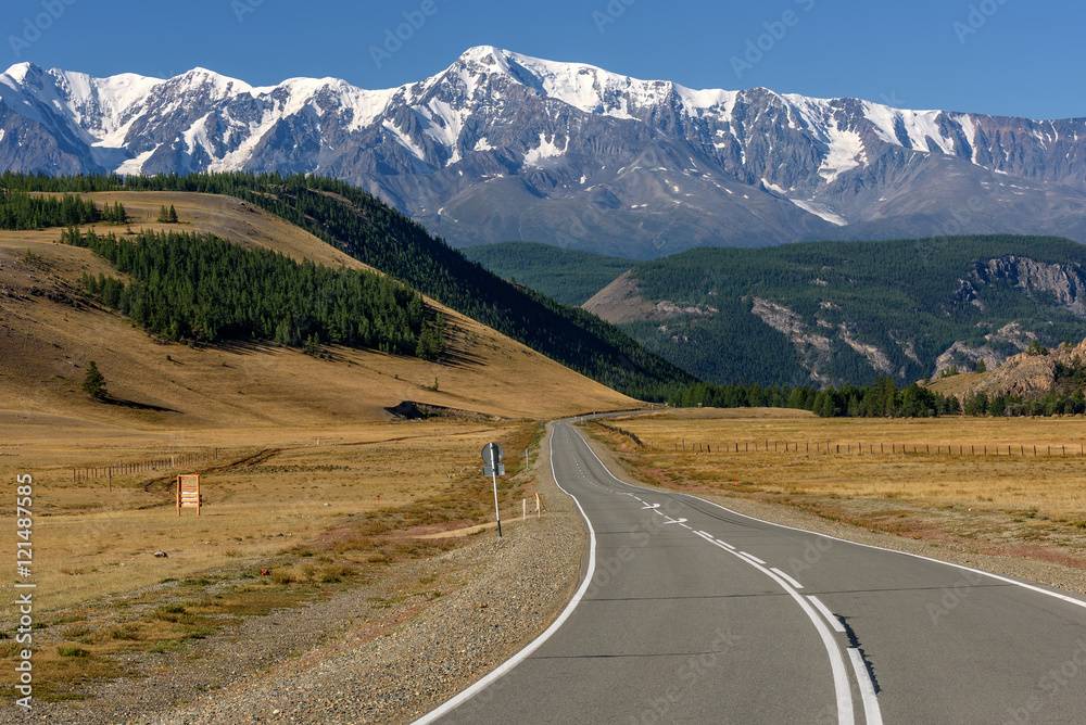 Fototapeta premium road mountains asphalt forest snow