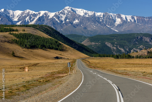 road mountains asphalt forest snow