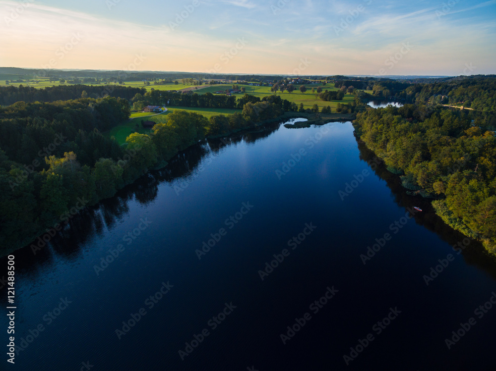Aerial: Sunset at lake Abtsee, Bavaria Aerial: Sunset at lake Abtsee, Bavaria