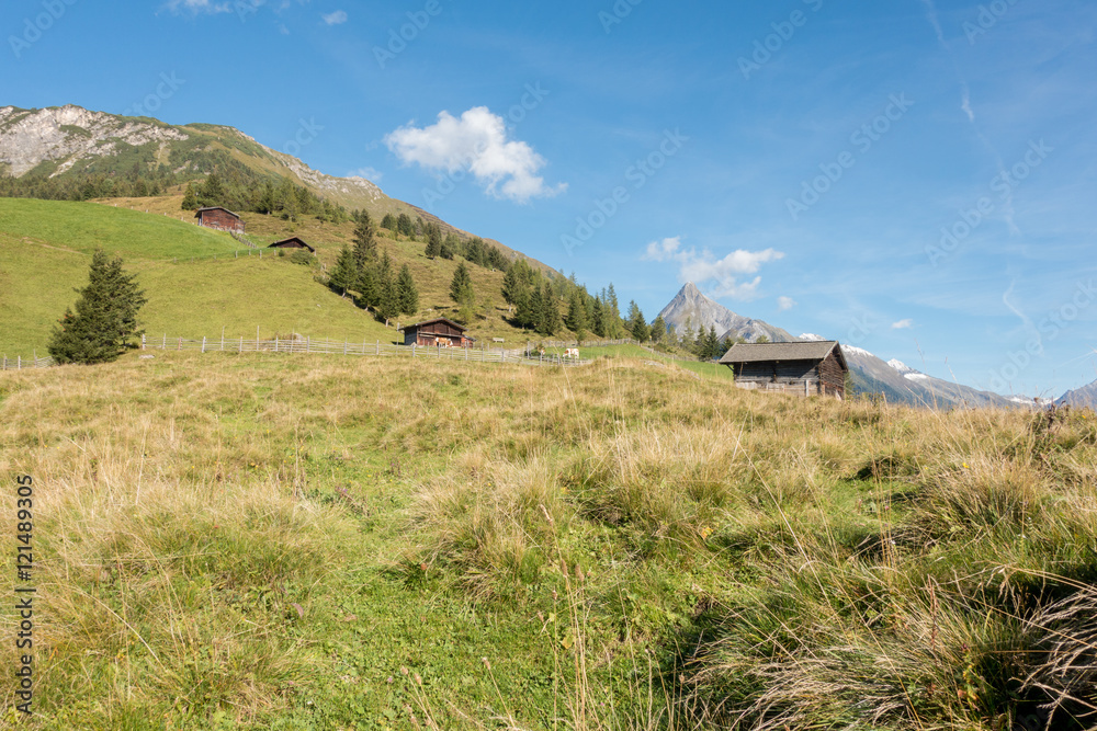Alpine herbstliche Landschaft mit Berggipfel und Holzhütten