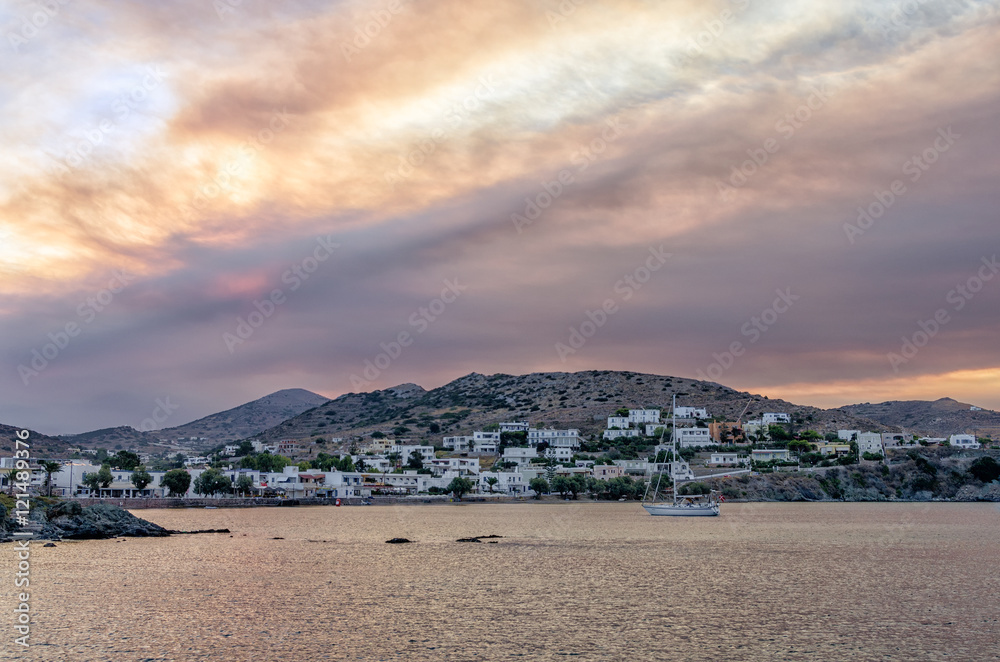 Dawn colors over Finikas village in Syros island, Cyclades, Greece