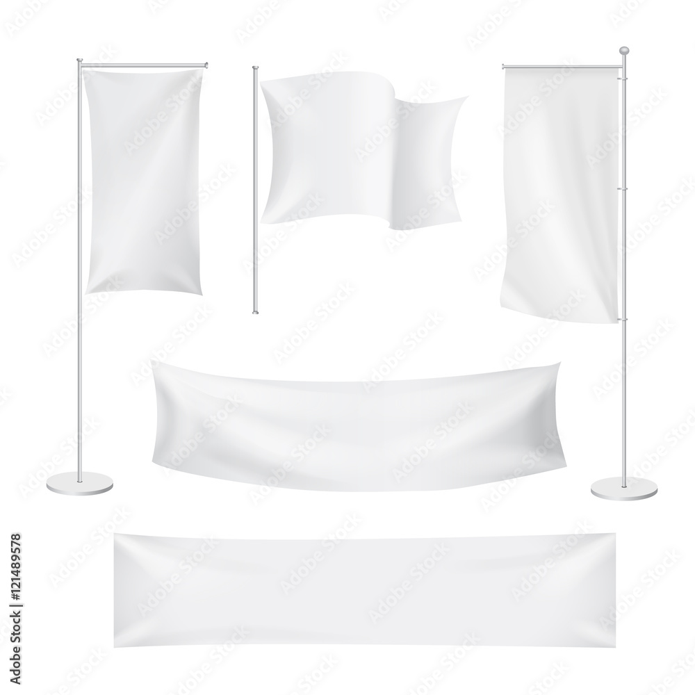 White flags and textile banners folds template set. Advertising