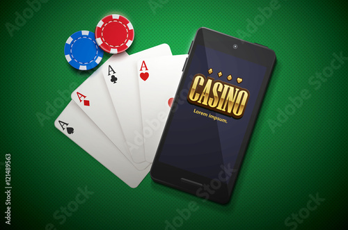 casino chips and mobile isolated on green background