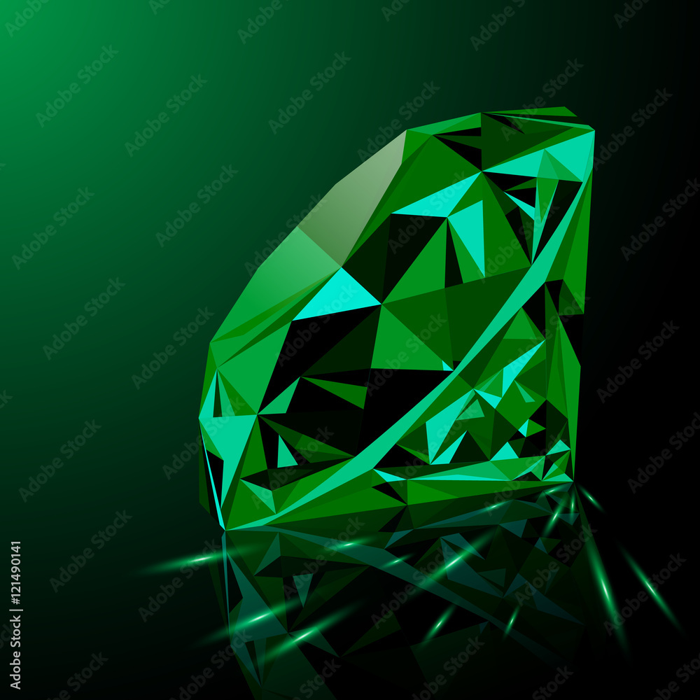 Realistic shining green emerald jewel with reflection, green glow and light  sparks on gradient background. Colorful gemstone that can be used as part  of logo, icon, web decor or other design. Stock