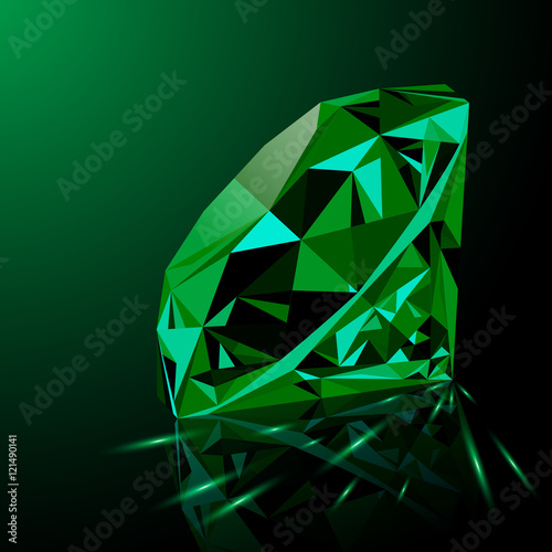 Realistic shining green emerald jewel with reflection, green glow and light sparks on gradient background. Colorful gemstone that can be used as part of logo, icon, web decor or other design.