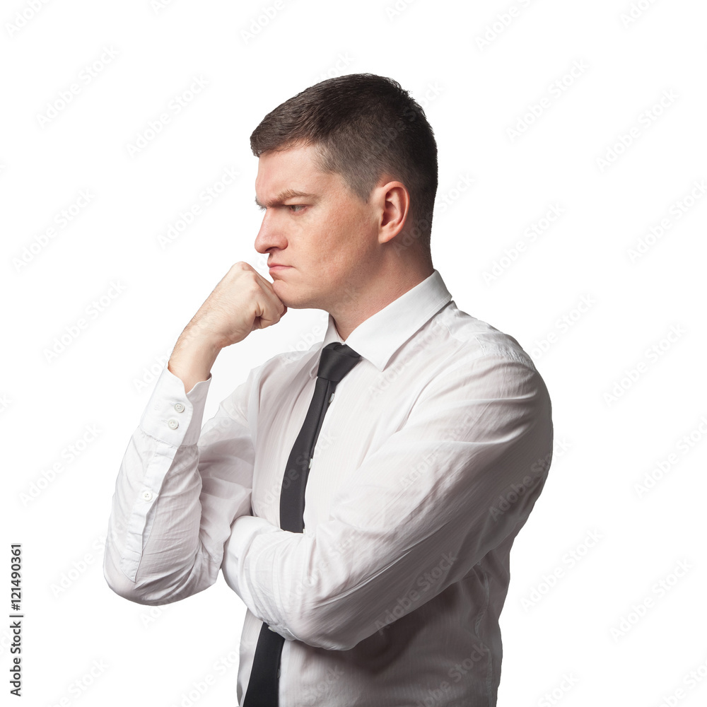 Thinking Men in white shirt black tie with hand on chin on white isolated background Thinking Men in white shirt black tie with hand on chin on white isolated background