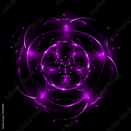 Abstract mystical background with luminous swirling backdrop. Glowing spiral. Shine round frame with light circles. Sacred light effect. Space for your message.