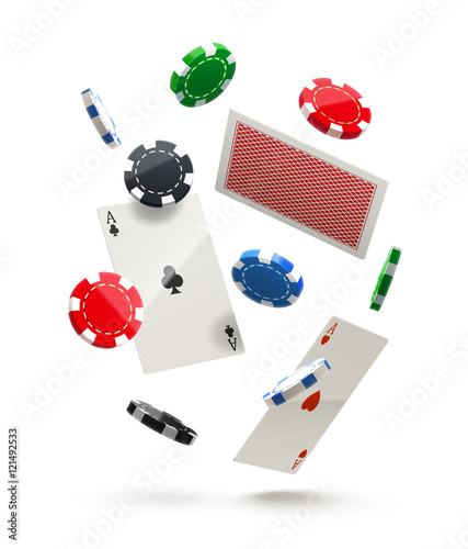 casino chips and cards isolated on white in air realistic theme
